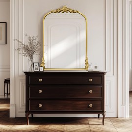 Growsun Gold Arched Mirror, 24''x36'' Antique Baroque Wall Mirror Decor, Traditional Ornate Mirror with Full Metal Frame for Fireplace/Entryway/Living Room/Bathroom