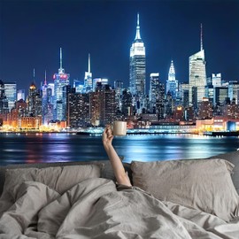 FENDROM New York Skyline Tapestry City Window View River Night Lights Buildings Modern Business Center Art Wall Hanging For Living Room Dorm