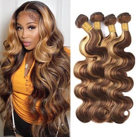 YISEA Ombre P4/27 Body Wave Bundles Human Hair （22 24 26 28 inch） 12A Highlight Dark Brown with Honey Blonde Mix Human Hair Body Wave Bundles Sew-In for Black Women Silky and Soft