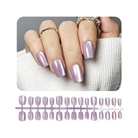 JODSONE 30PCS Lavender Purple Cat Eye Stick on Nails Set Acrylic Short Square Reusable Press on Nails Glitter Soft Gel Fake Nails for Women Shimmer Manicure Nails Kit