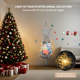 Stuffed Animal Storage w/ LED Star Light, 63 Inch Jumbo Toy Hammock Wall Ceiling Over Door Hanging Organizer Net for Stuffed Animals, Gray Stuffed Animals Hammock Corner for Kid Girls Boys Gift