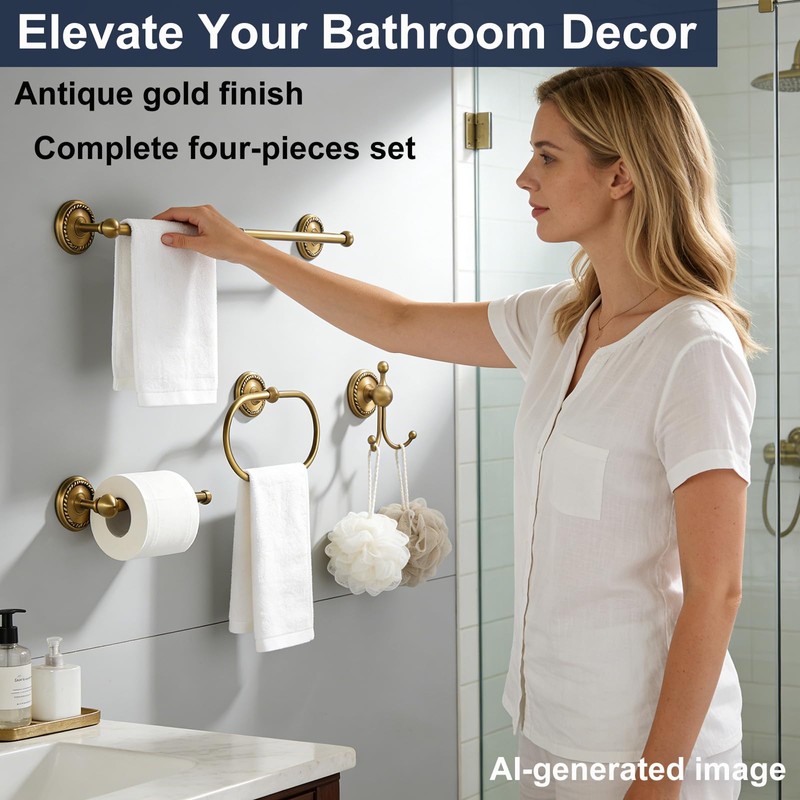 Antique Brass 4-Piece Bathroom Hardware Set Adjustable Towel Bar 13-24"
