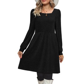 CzzzyL Women's Nursing Friendly Dresses Breastfeeding Long Sleeve Square Neck Party Knee Length Dress Postpartum Elastic Waist with Pockets Black Large
