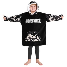 FORTNITE Blanket Hoodie for Boys Teens 14+ Wearable Blanket Fleece Extra Long (Black/White Camo Kids)