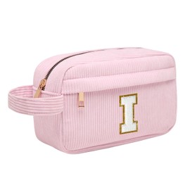 Initial Makeup Bag, Corduroy Cosmetic Bag, Travel Toiletry Bag with Metal Zip, Portable Makeup Bag for Women, Organiser, Christmas Birthday Gifts for Women, Girls, Pink, I