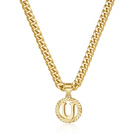 KissYan Gold Initial Necklace,14K Gold Plated Round Letter Pendant Hollow Capital Monogram 5mm Cuban Chain Necklace Alhpabets from A-Z Dainty Jewelry for Women Men(Gold U)
