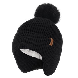 FURTALK Toddler Baby Winter Hat Warm Fleece Lined Knit Kids Hat with Earflap Infant Newborn Pom Beanie Knit Cap Girls Boys Black