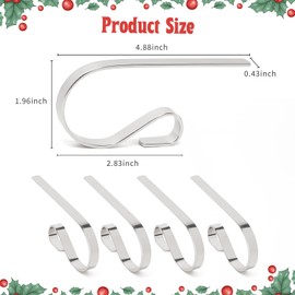 Christmas Stocking Holders for Mantle Set of 4, Lightweight Adjustable Christmas Stocking Holder Hooks Metal Fireplace Hanger for Christmas Party Decoration, Non-Slip Mantle Stocking Hooks(Silver)