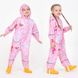 Fewlby Rain Suit Kids Puddle Suit, Boys Girls Waterproof Suit Toddler All in One Waterproof Overall Muddy Suit Cartoon Rainbow Raincoat Rain Wear, S Size 1-3 Years