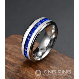 King Ring 8mm Stones Line Ring – Extra Polished Stainless Steel Mens Ring with Glass Stones Basic Wedding Band K36V2 – Silver Blue 12