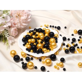 ZHIYUXI 240Pcs Vase Filler Beads Black Pearls Gold Beads 8/14/20mm Gold Vase Fillers for Centerpieces Home Decor Non-Hole ABS Floating Pearls for Wedding Centerpieces, Candle,Water Beads for Vases