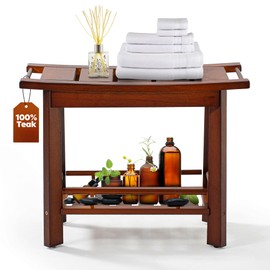 AK Decor 21" Teak Shower Bench for Inside – Luxury Spa-Style Comfort, FSC Certified Durable Teak Wood, Water-Resistant, Ergonomic Seat, Anti-Skid Stability and Enclosed Storage Shelf, 350 lbs Capacity
