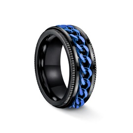FIBO STEEL Stainless Steel 8mm Rings for Men Chain Rings Biker Grooved Edge,Spinner Ring with Chain Fidget Ring for Anxiety,Size 9 Blue