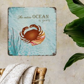 Ocean Theme Aluminum Sign The Entire Ocean Is Yours Crab Vintage Metal Signs Coral Men Cave Art Decorations Metal Signs for Bedroom Yard Garage Garden 12x12in Birthday Housewarming Gift