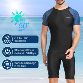 WOTOW Men’s Swim Short Sleeve UPF 50+ Swimshirts with Shorts and Cap Set, Quick Dry Breathable Two Pieces Bathing Suit, Fit Compression Swimwear Set for Surfing Fitness Fishing Swimming Black-Blue