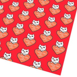 Valentine Cats Rolled Gift Wrap Paper"I Hate You The Least" 2 Sheets of 19.5 in x 27.5 in