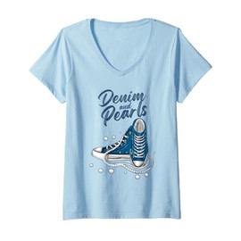 Womens Denim and Pearls Sneakers Jeans Lover Girls Teens Women V-Neck T-Shirt