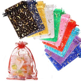 Hopttreely 100PCS Moon Star Organza Bags, 3X4 Organza Jewelry Candy Bags, Mixed Color Organza Favor Bags Gift Pouch with Drawstring for Wedding Party Mother's Day