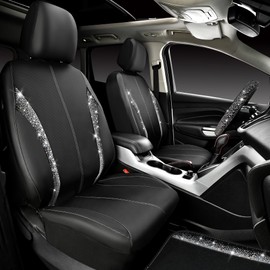 CAR PASS Leather Bling Diamond Car Seat Covers Front & Waterproof Rhinestone Car Floor Mats 4pcs & Sparkly Steering Wheel Cover 15' Universal Shining Interior Sets for 95% SUV Cute Women Black Silver