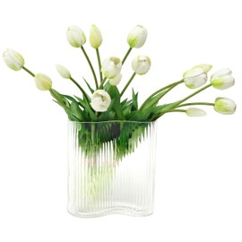 Prakilom Artificial Tulips Flowers (15pcs, White), Real Touch Latex Bouquet for Home, Wedding, Table Centerpiece and Party Events Decoration, DIY Fake Floral Arrangements (Vase not Included)