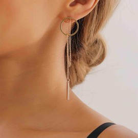Aneneiceera Vintage Long Circle Bar Earrings Vertical Bar Drop Earrings Gold Hollow Circle Stud Earrings Geometric Long Chain Earrings Jewelry for Women(Gold)
