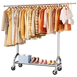 Sakugi Heavy Duty Clothes Rack - Garment Rack with Extendable Side Rods & Bottom Shoe Shelf, 25mm Stainless Steel Frame with Wheels, 49.8–74.8'' x 62.6'' x 16.5'', Silver