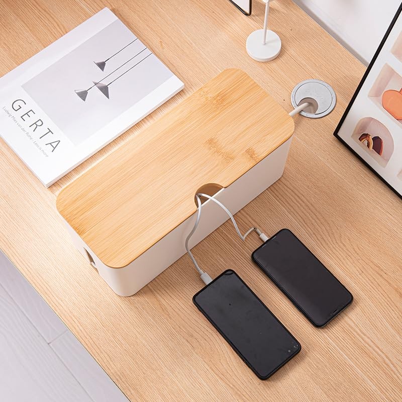 Cable Box with Bamboo Lid, Cable Management Organiser, Storage Box