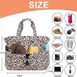 FASBET Große Strandtasche xxl mit Reißverschluss Leo Tasche Leoparden Tasche Leo Große Badetasche Wasserdicht Strandtasche xxl Familie Extra Groß Schwimmbadtasche Tasche Leopardenmuster Shopper Groß