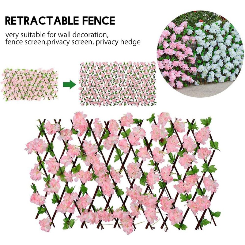 Wooden Retractable Fence Expanding Fence Hedge With Artificial Flower Leaves