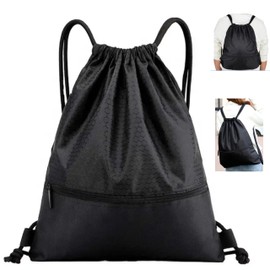 Drawstring Backpack Zippered Water Resistant Sports Sackpack Gym Sack Gym Hiking Travel bag String bag Front Pocket Lightweight Beach Outdoor Men Women (Black)