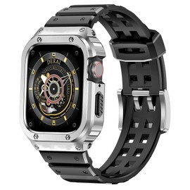 [MioHHR] Compatible with Apple WatchBand 44mm 45mm with Bumper Case for Men Stainless Steel Metal Rugged Protective Cover for iWatch Series 7 6 SE 5 4 with TPU Band