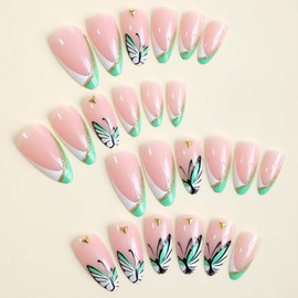 Press on Nails Medium Almond Fake Nails Press ons White Green French Tip Glue on Nails Glossy False Nails with Butterfly Designs Nude Acrylic Nails Artificial Stick on Nails for Women 24 Pcs