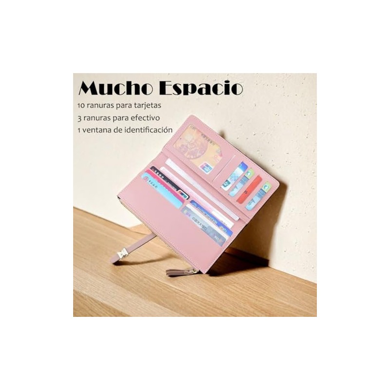Cartera para Mujer de Piel, Delgada Largo Billetera de Doble,