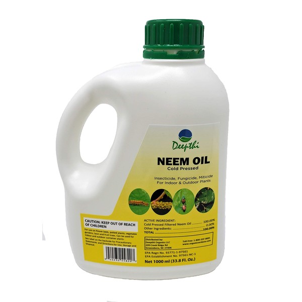 Deepthi Pure Neem Oil for Plants - Concentrated - Cold Pressed - Spray for Indoor Outdoor Garden - 100% Neem Oil – Controls Mildew - 33.8 Fluid Oz (1000 ml)