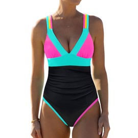 popvil One Piece Swimsuit Women Tummy Control Bathing Suit Neon Color Block Swim Suits 2025 Swimwear, Black Red, Large