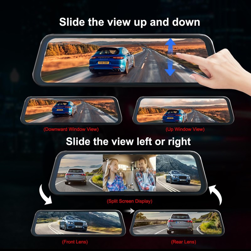 3 Channel Mirror Dash Camera for Cars, 10" Triple Rear