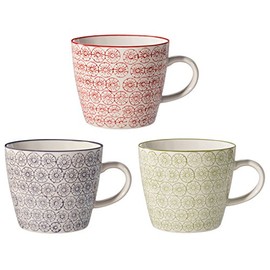Bloomingville Isabella Retro Vintage Coffee Cups with Handle Diameter 9.5 x Height 8 cm Red Lavender Green Ceramic Set of 3 Holds Approx. 280 ml
