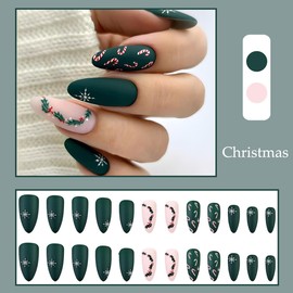 Christmas Press on Nails Medium Almond Fake Nails Winter Snowflake Acrylic Nails with Xmas Holly Candy Designs Full Cover Green Matte False Nails Cute Christmas Stick on Nails for Women, 24 Pcs