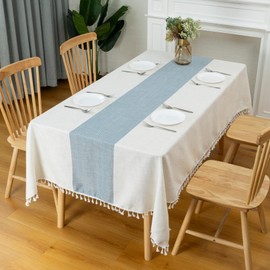 Winknowl Table Cloth Rectangle Table, Cotton Linen Waterproof Tablecloths Wrinkle Free Table Cover with Tassels for Farmhouse Kitchen Dining Tables, Blue, 55x120 Inch