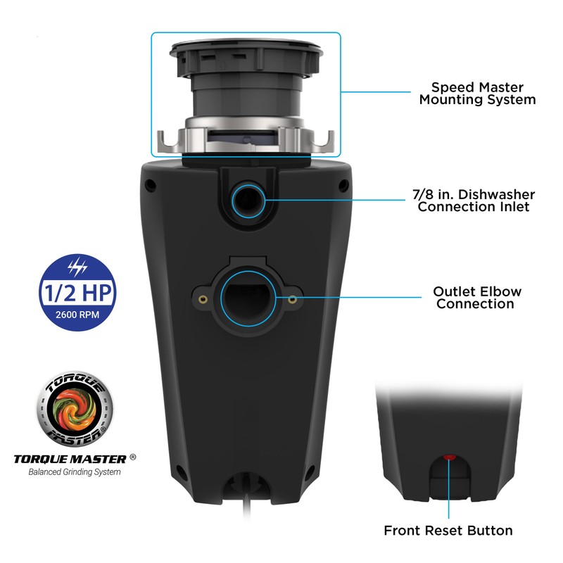 WASTEMAID 10-US-WMP-659 Pro Anti-Jam Garbage Disposer, 1/2 HP, Black