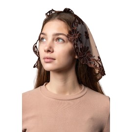 Maria Veils Catholic Mantilla Mass Infinity Chapel Veil - Lace Head Covering - Short (Brown/Nude)