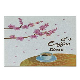 Ambesonne Coffee Time Cutting Board, Cartoon of Japanese Spring Cherry Blossom Branches and Drink Cup Print, Decorative Tempered Glass Cutting and Serving Board, Small Size, Lilac Coffee