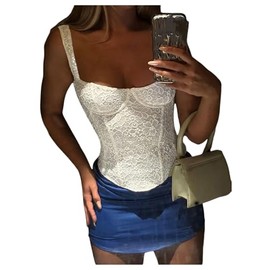 MakeMeChic Women's Floral Lace Tank Crop Tops Sleeveless Fitted Going Out Bustier Corset White Small