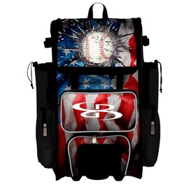 Boombah Rolling Superpack Baseball/Softball Gear Bag - Telescopic Handle - Holds 4 Bats - Wheeled Version - USA Baseball Grand Slam Black/Red/White