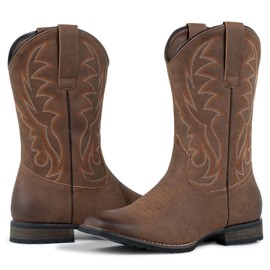 J's.o.l.e Cowboy Boots for Men Western Boots Wide Square Toe Men's Cowboy Boots Classic Embroidered with Pull On Slip Resistant Boots Brown US 12