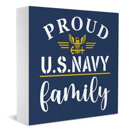 Proud Navy Family Decor Gifts for Navy Mom Dad Family US American Marine Military Patriotic Veterans Day Wood Decorations Sign for Home Office Desk Table Shelf 5 x 5 Inches