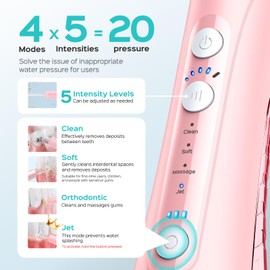 COSLUS Water Flosser for Teeth Cordless: 4 Modes &20 Levels - Portable Irrigador Dental for Health - Conscious Sensitive Users Gums - Travel Home Use with 4 Jet Tips - Pink