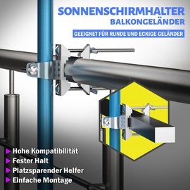 Menz Parasol Holder Balcony Railing - Robust Stainless Steel Umbrella Holder for Balcony, for Parasols up to 3.5 m, Made of Sunnyeasy Metal with Cover