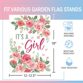 Terkki It's a Girl Pink Rose Flower Decorative Garden Flag, New Birth Gender Reveal Small Yard Outside Decorations Gift for New Dad Mom, Baby Shower Baptism Party Outdoor Home Decor Double Sided 12x18