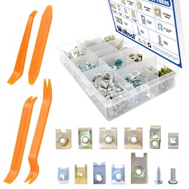 Waltool 187Pcs 11 Sizes Automotive U-Clips & Screws Assortment Kit with Trim Remover, Clip-On U Clips Fasteners for Bumper Dash Interior Trim Door Body Panel